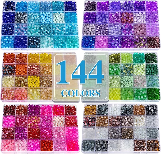 XSEINO About 7200PCS 6mm Glass Beads Bracelet Making Kit,144 Assorted Colors Crystal Glass Beads for Bracelet and Jewelry Making and DIY Crafts,Friendship Gifts,to Give to Friends, Family