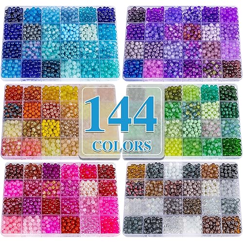 XSEINO About 7200PCS 6mm Glass Beads Bracelet Making Kit,144 Assorted Colors Crystal Glass Beads for Bracelet and Jewelry Making and DIY Crafts,Friendship Gifts,to Give to Friends, Family
