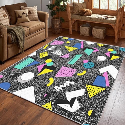 Miniatura 103 de Alfombra retro de los años 70, alfombras de área de 6 x 8 pies, patrón geométrico moderno de mediados de siglo, para sala de estar, dormitorio,