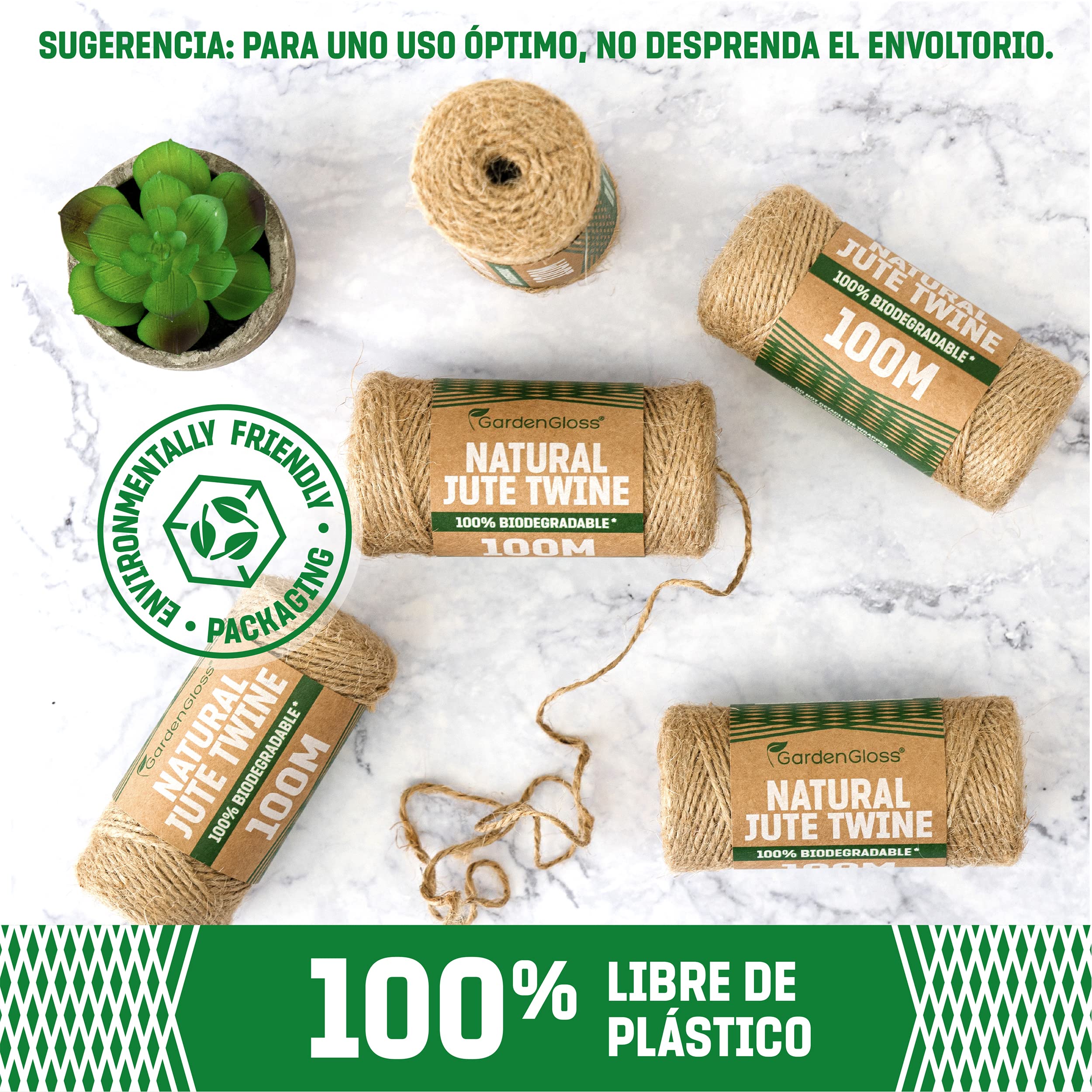 GardenGloss® Cinta de Fibra Natural de Yute (300m de Longitud, 1 mm de Grosor) - 100% Biodegradable - Cordón de Dos Hilos para jardinería, Manualidades, Bricolaje y Envolver Regalos