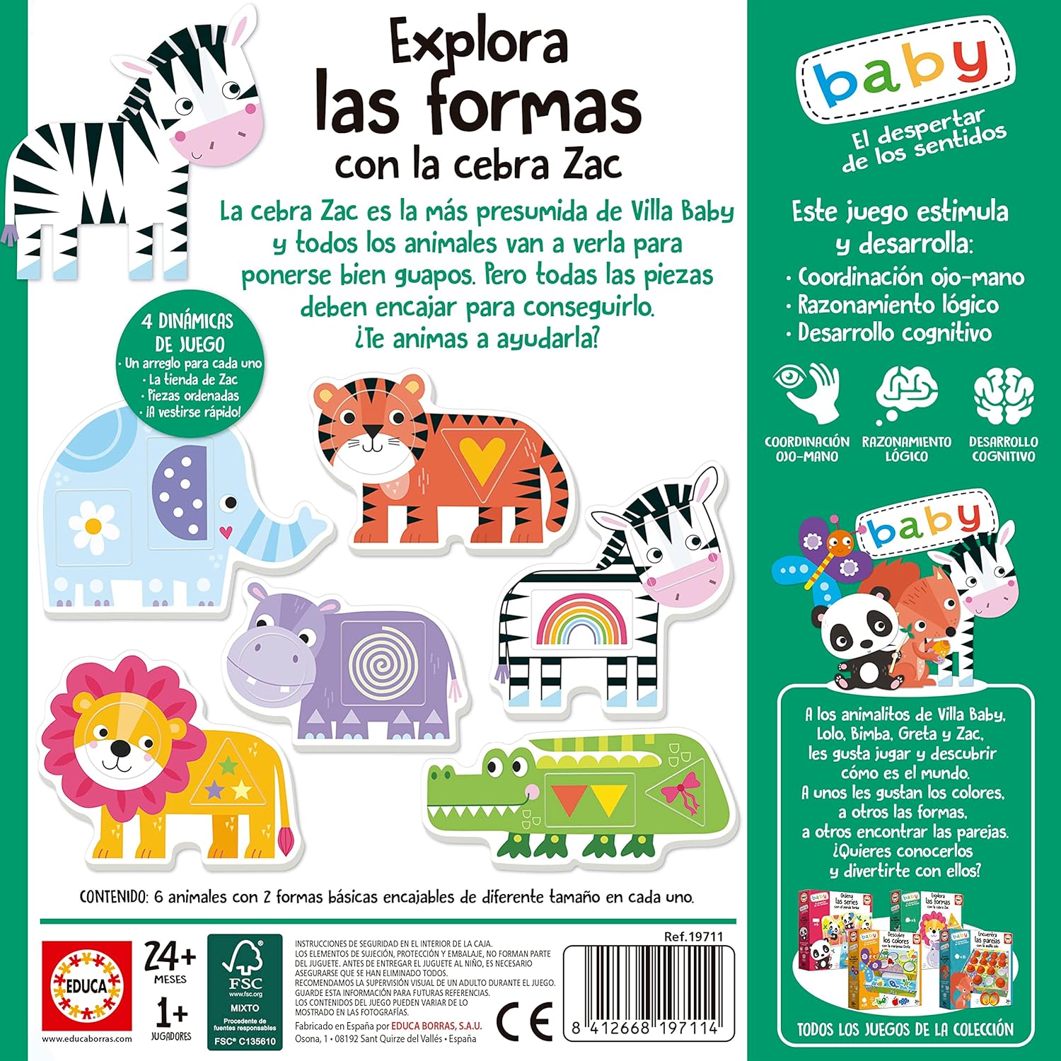 Educa - Explore Shapes with Zac Zebra | Children's Educational Game with Animal Snaps to stimulate Hand-Eye Coordination, Logical Reasoning and Cognitive Development +24 Months (19711)