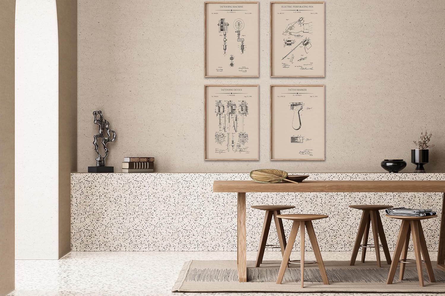 Poster Master 4-Piece Tattoo Blueprint Poster - Tattoo Machine Patent Print - Electric Perforating Pen Art - Tattoo Gun Illustration - Technical Drawing - Office or Studio Decor - 8x10 UNFRAMED