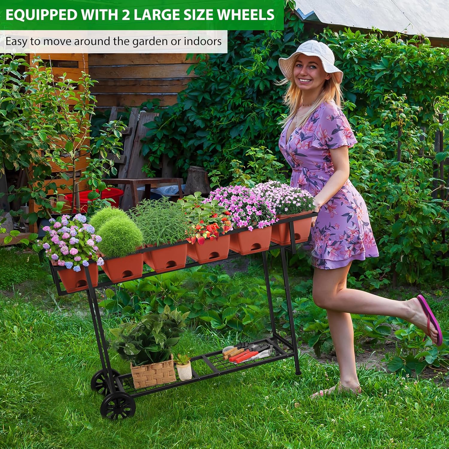 Vrisa Elevated Raised Garden Bed Outdoor with Legs 43x17x29 in Plastic Standing Planter Box with Storage Shelf and Wheels Vegetables Herbs Flowers Gardening Boxes for Backyard, Patio, Balcony, Black