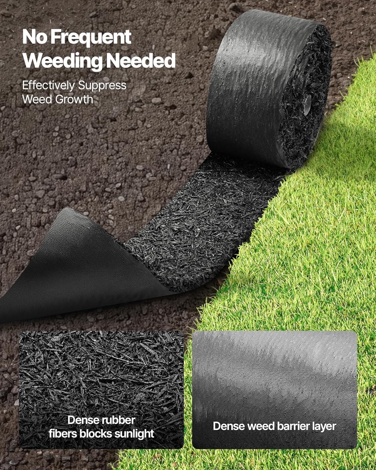 VEVOR Rubber Mulch Mat Roll, 4 Rolls 120 x 4.5 in, Recycled Rubber Permanent Mulch Edging Border, Natural-Looking Flower Barrier with Stakes, 0.5 in Thick Cuttable Garden Edgings for Landscaping