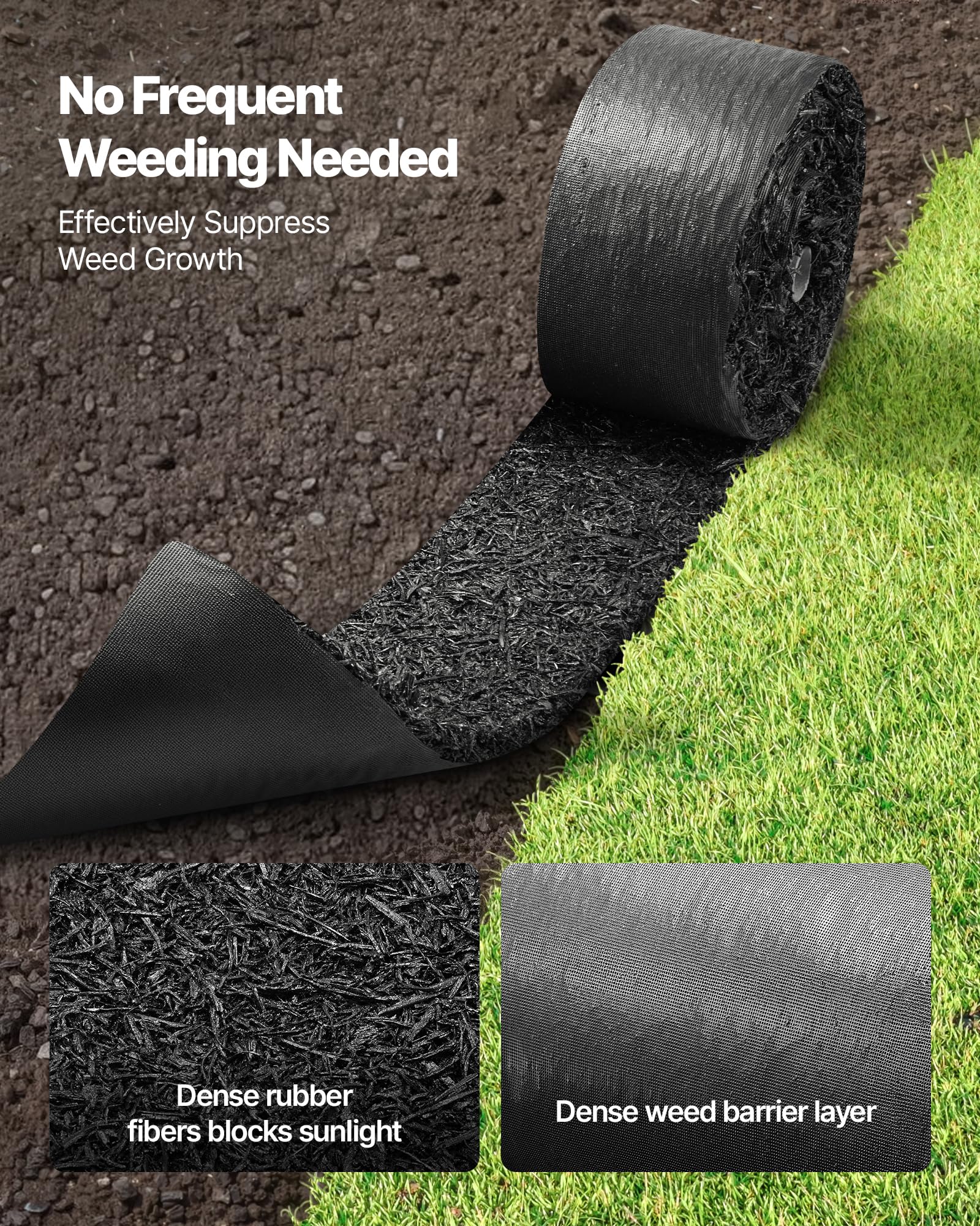 VEVOR Telo Pacciamatura Antierbacce per Orto Giardino 4 Rotoli da 3050 x 115 x 13 mm, Bordatura Permanente in Gomma, Barriera per Fiori dall'Aspetto Naturale con Picchetti, Nero