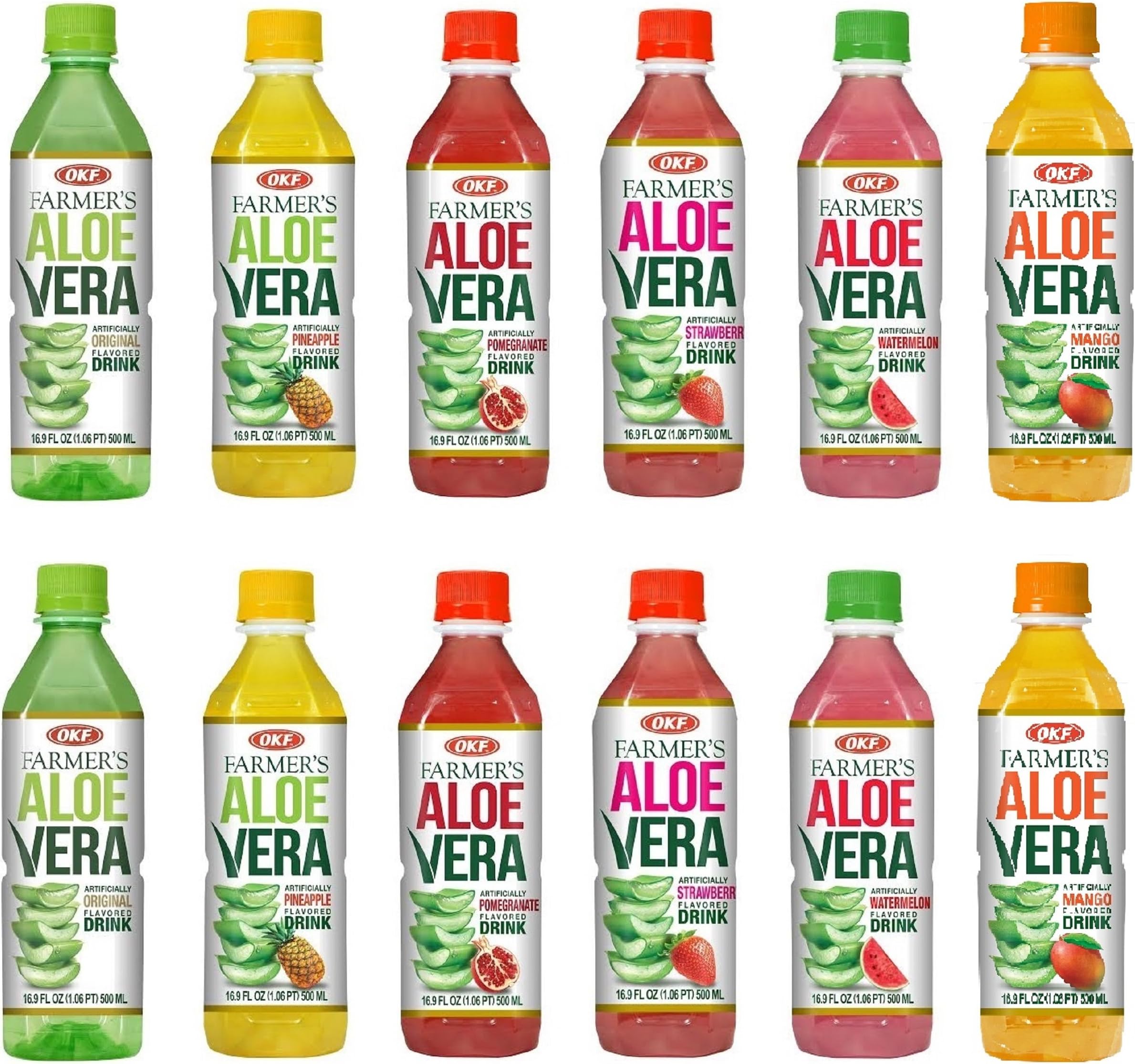 OKF Farmer's Aloe Vera Drink with Pulp Variety Pack includes Original, Pineapple, Mango, Watermelon, Pomegranate, and Strawberry.(6 Flavor Variety Pack, 12 Pack)