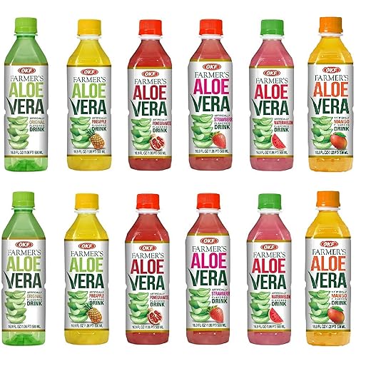 OKF Farmer's Aloe Vera Drink with Pulp Variety Pack includes Original, Pineapple, Mango, Watermelon, Pomegranate, and Strawberry.(6 Flavor Variety Pack, 12 Pack)