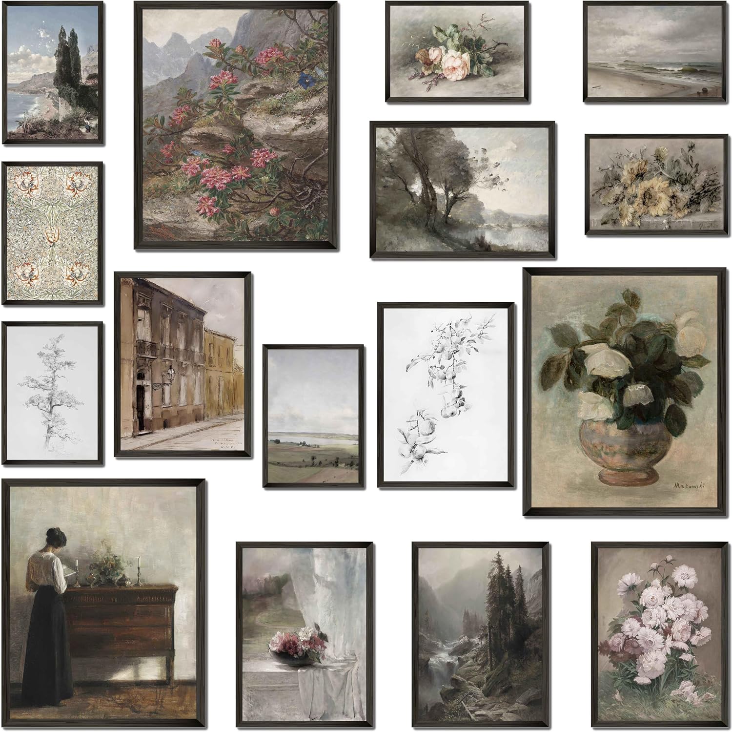 MAZUKO 16PCS Vintage Wall Art Prints - Boho Farmhouse Posters, Modern Maximalist Bedroom Living Room Collage Kit, Unframed Aesthetic Decor