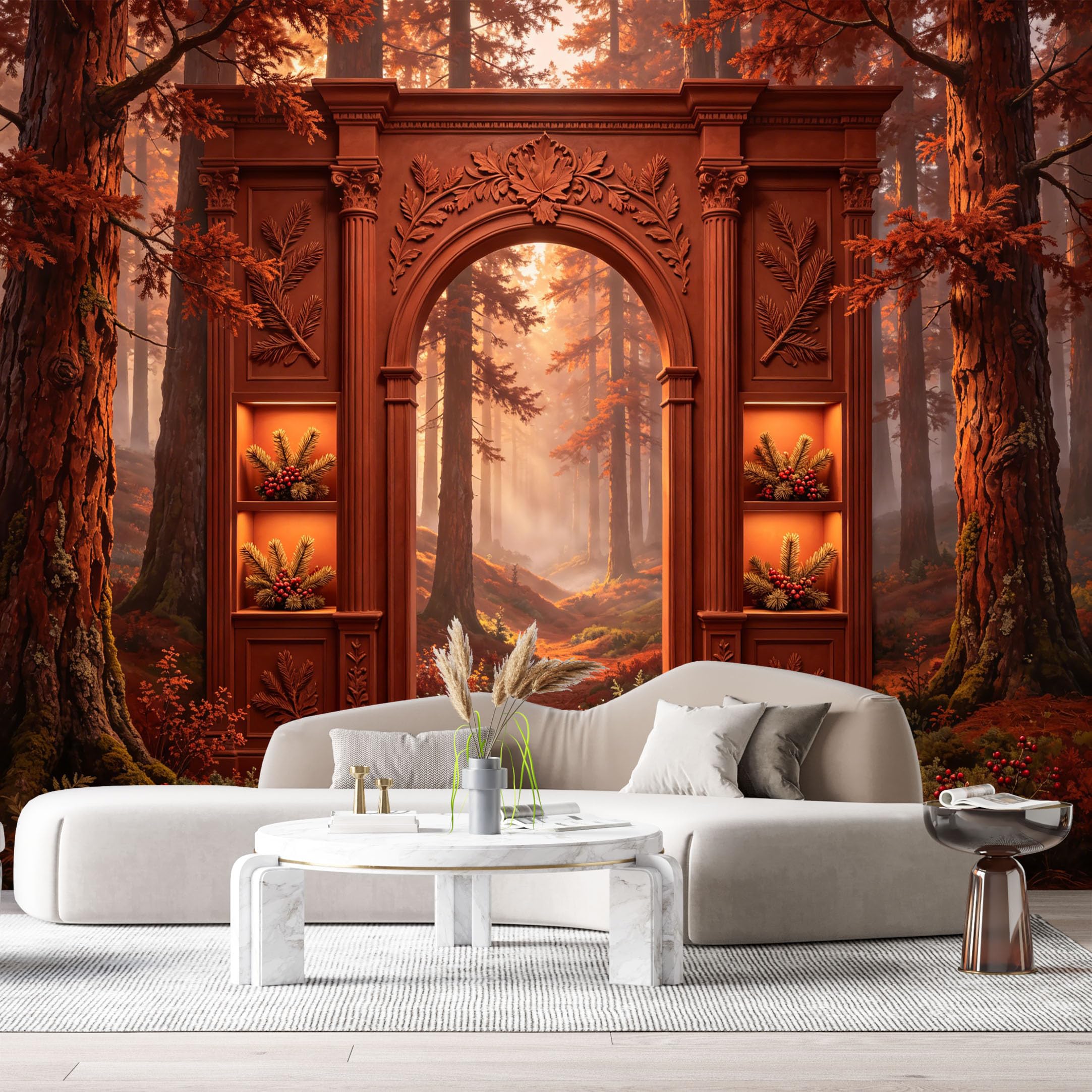 Custom Size Wall Murals Forest Misty Path Ornate Archway Floral Motif 3D Trompe L'Oeil SelfAdhesiveWall Fabric Removable Wallpaper Wall Decor for Living Room Bedroom Bathroom