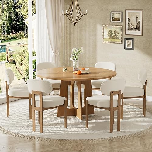 Miniatura 23 de Moderno juego de mesa de comedor de 5 piezas con 4 sillas, mesa de comedor redonda de madera de nogal MDF, sillas tapizadas de tela gris con patas