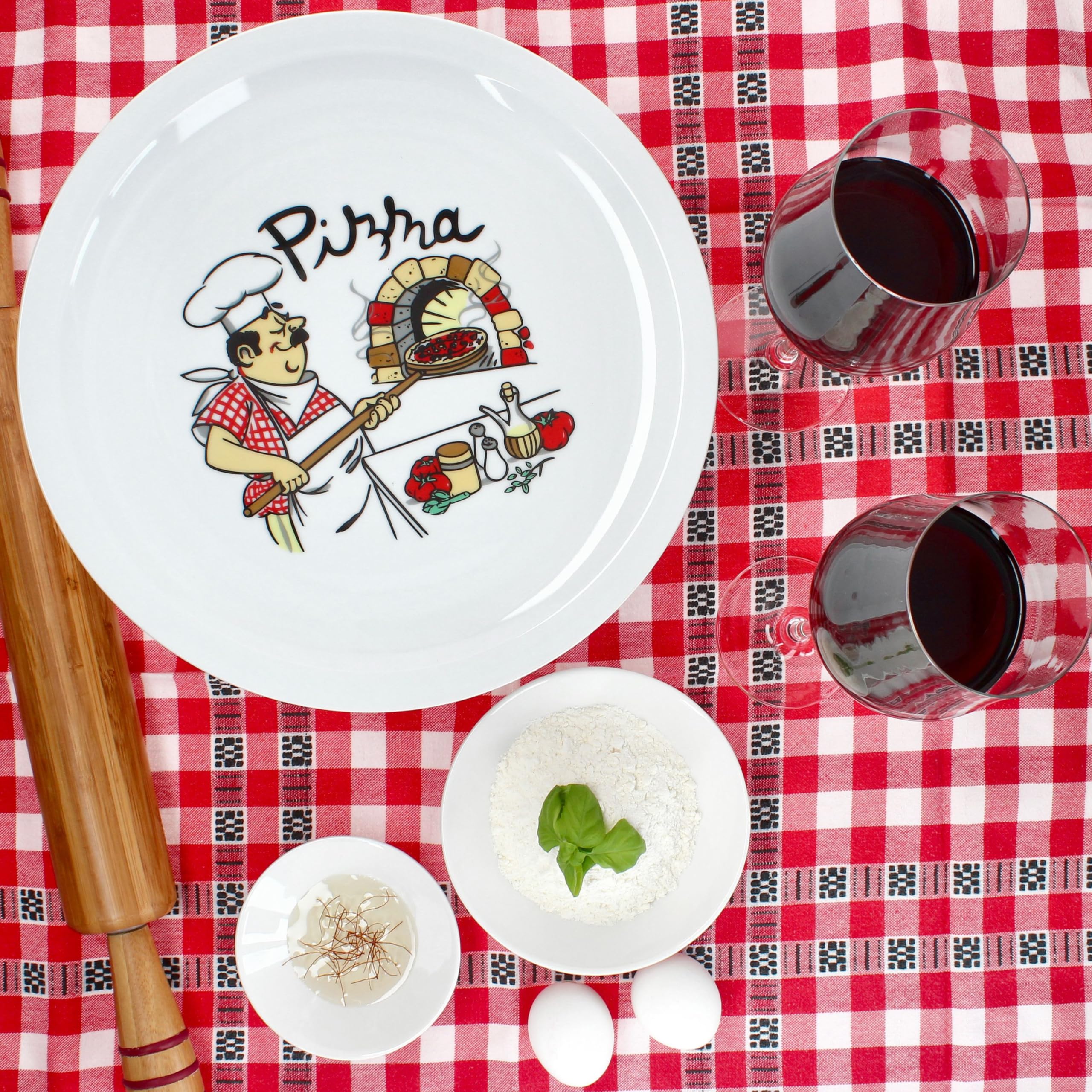 MamboCat Luigi Lot de 6 assiettes à pizza I Ø 30,5 cm I pour 6 personnes I Grandes assiettes à pizza blanches en porcelaine avec motif de pizzaiolo I Pour pizzas ou pour servir I Assiettes plates