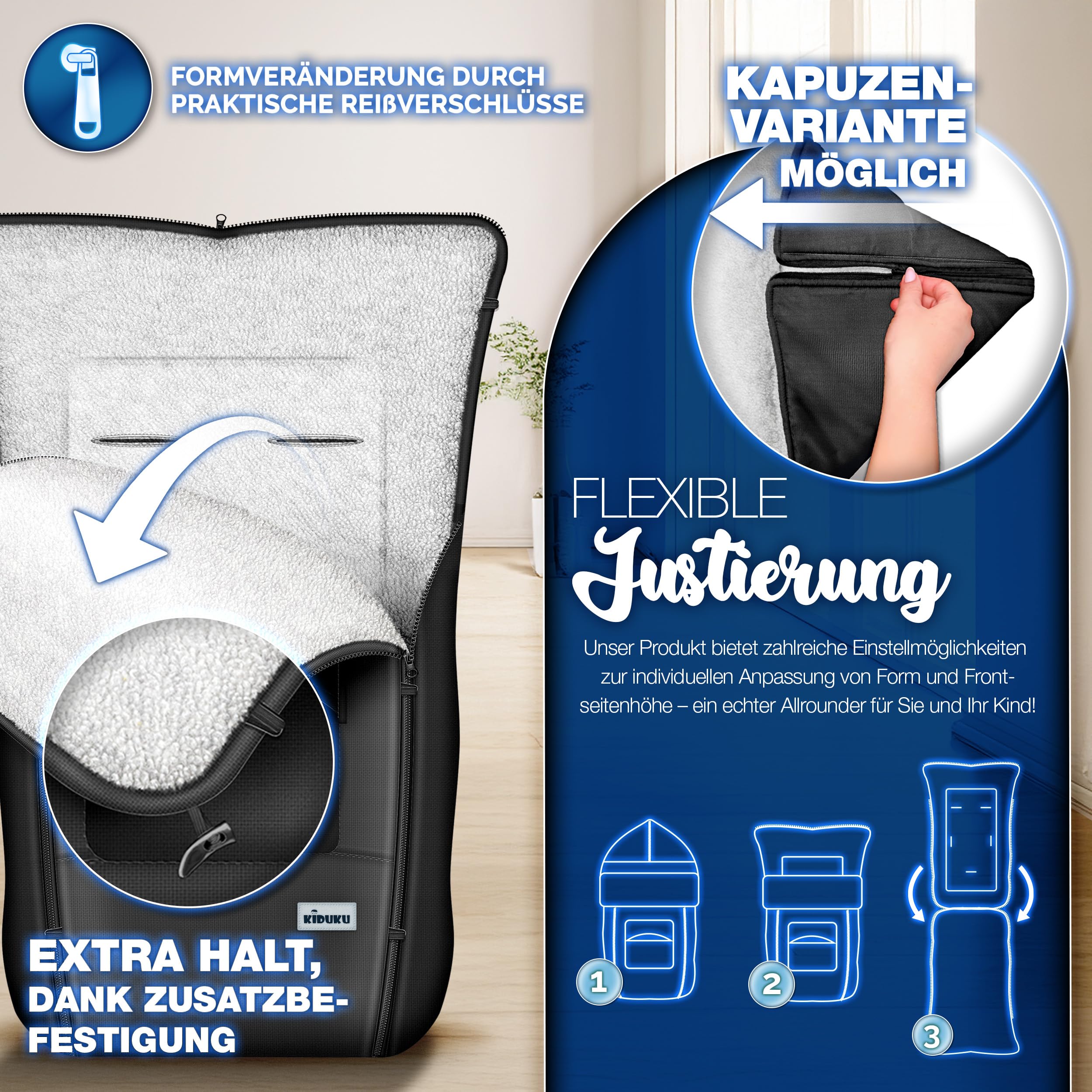 KIDUKU Winterfußsack für Kinderwagen Buggy - Babyfußsack waschbar | Fußsack Babyschale mit Reißverschluss & Tasche