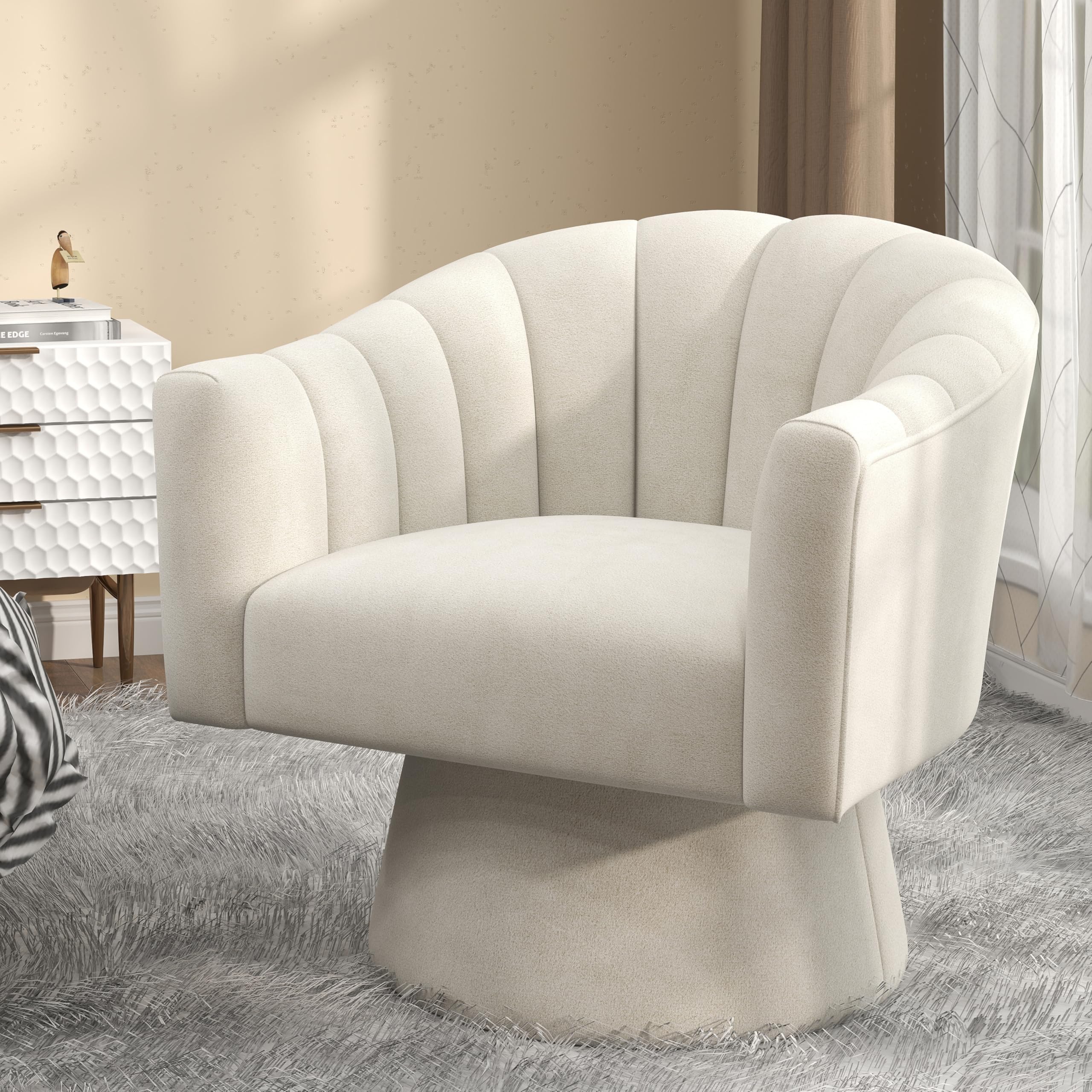 VANTEN Drehsessel Wohnzimmer mit Samt – 360° Drehbarer Sessel mit weicher Polsterung, Runder Armlehnstuhl für Schlafzimmer & Büro | Lesesessel mit Armlehnen(Beige)