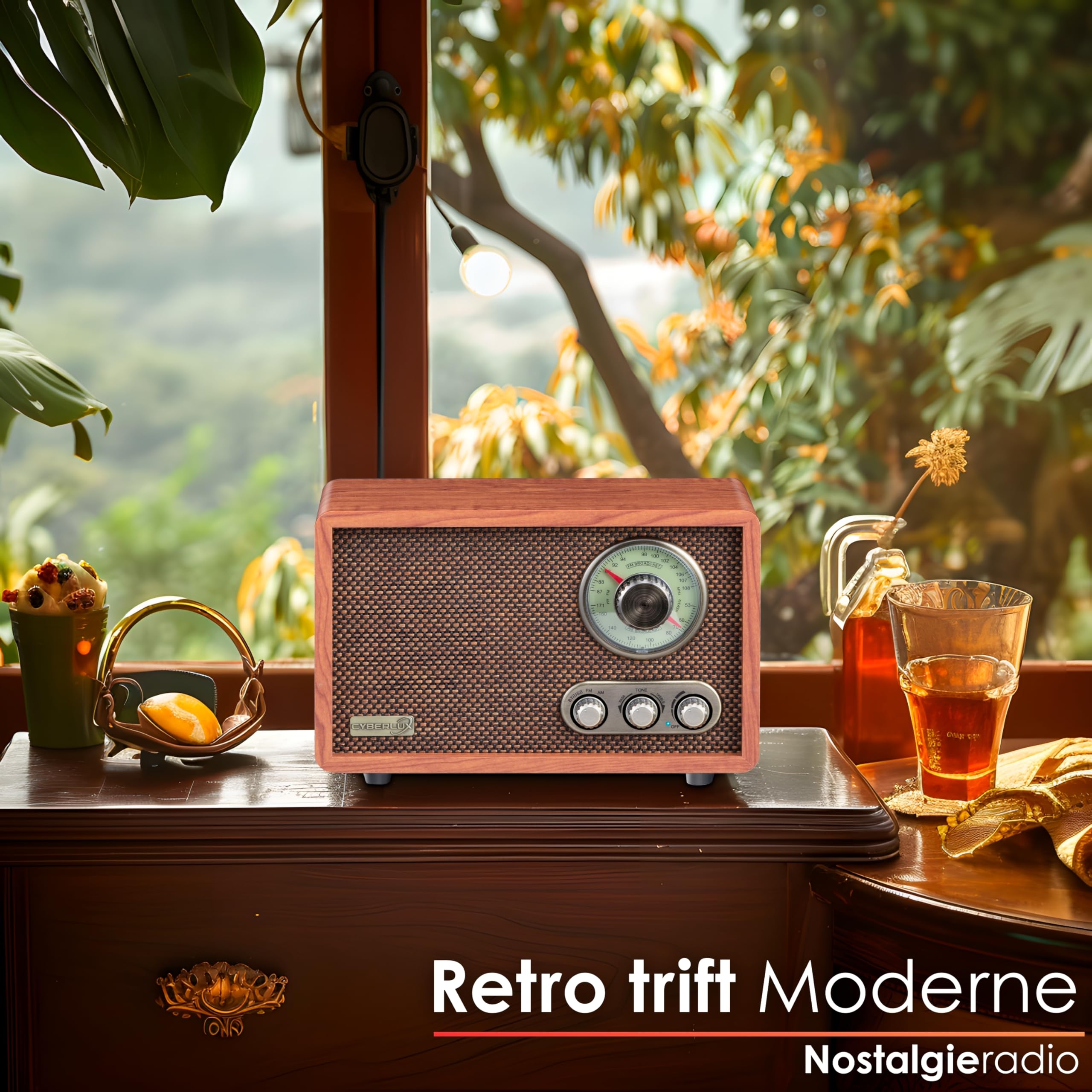Cyberlux - Radio rétro en bois avec Bluetooth, USB, FM/AM - Chaîne musicale style rétro - Radio de cuisine - Marron