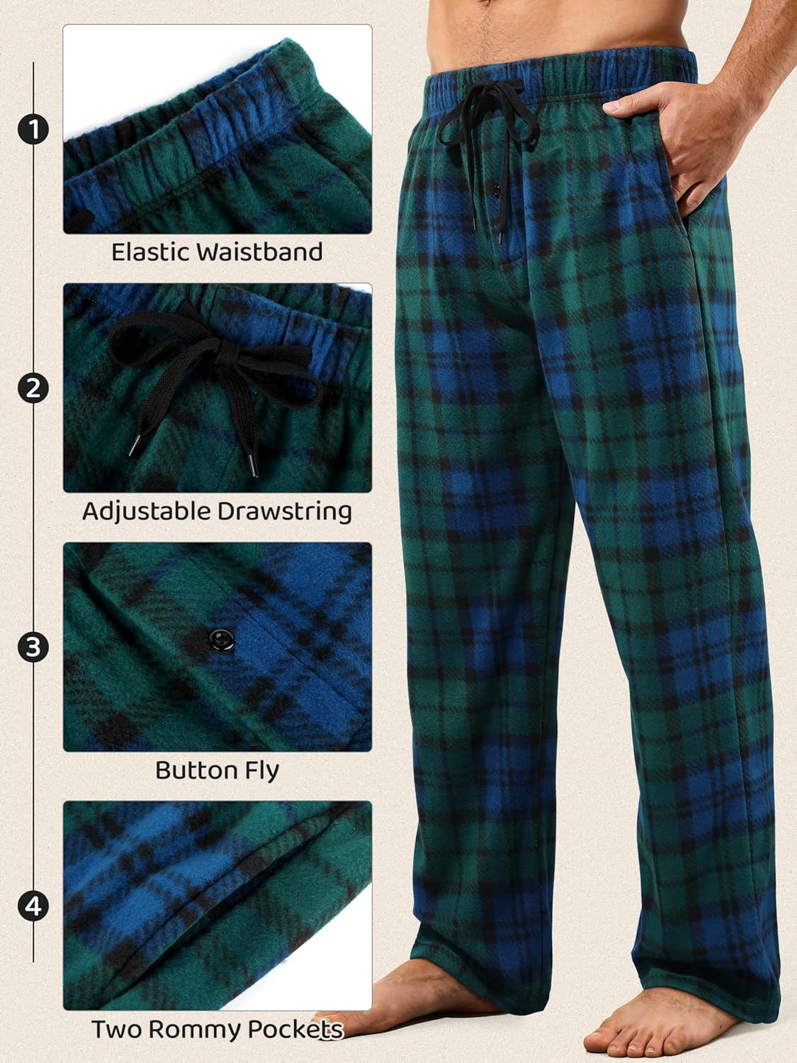 3 Pack Mens Pajama Pants Microfleece Plaid Pajama Bottoms Sleepwear PJ Sleep & Lounge Pants with Pockets & Drawstring - Image 3