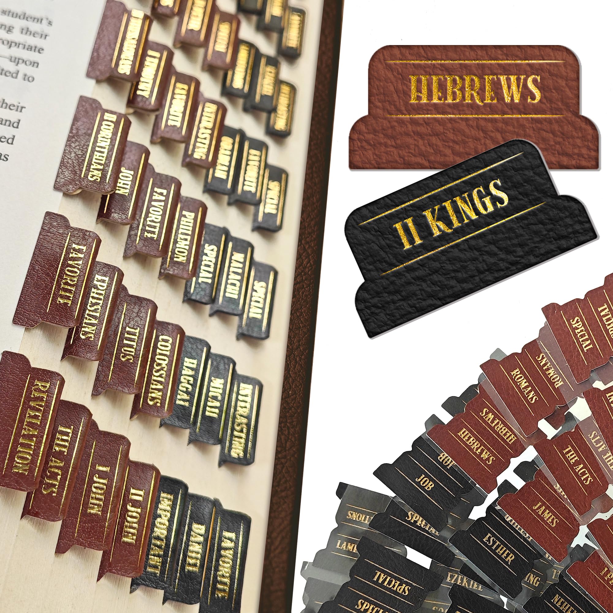 LPSTORE12 Premium Bible Tabs Set, 75 PCS PU Leather Bible Labels with Gold Stamping, 12 Tabbed Sheets in Black and Brown