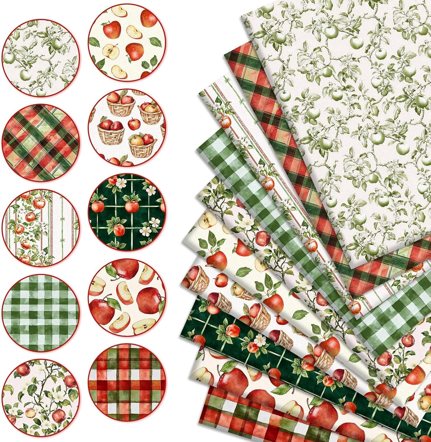 Whaline 10Pcs Fall Apples Harvest Cotton Fabric Bundles, 18 x 22 Inch