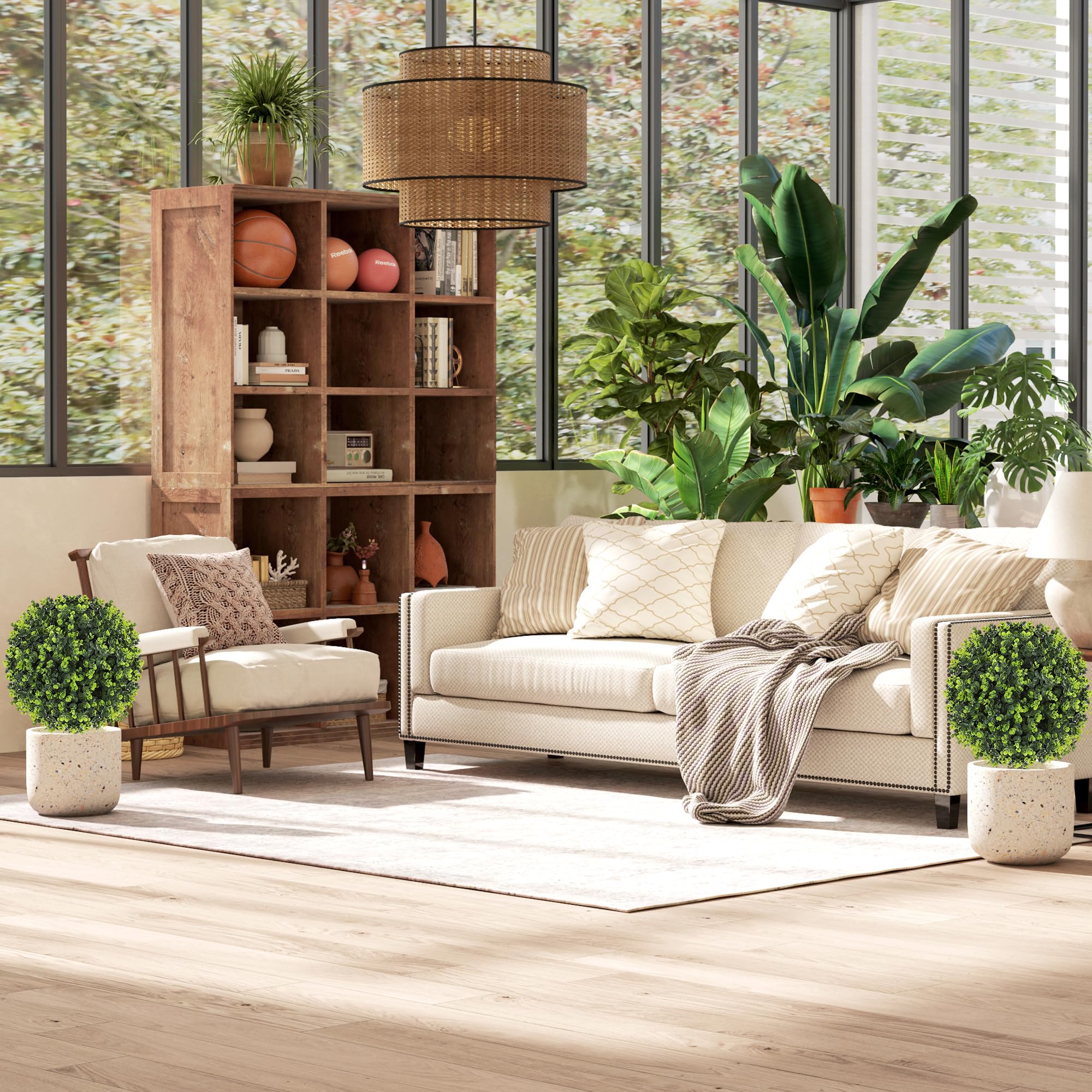HOMCOM Set di 2 Piante Artificiali Sfera di Bosso da 40 cm con Picchetto, Piante Finti Decorativa da Interni ed Esterni, Resistenti ai Raggi UV, per Giardino e Portico, Verde