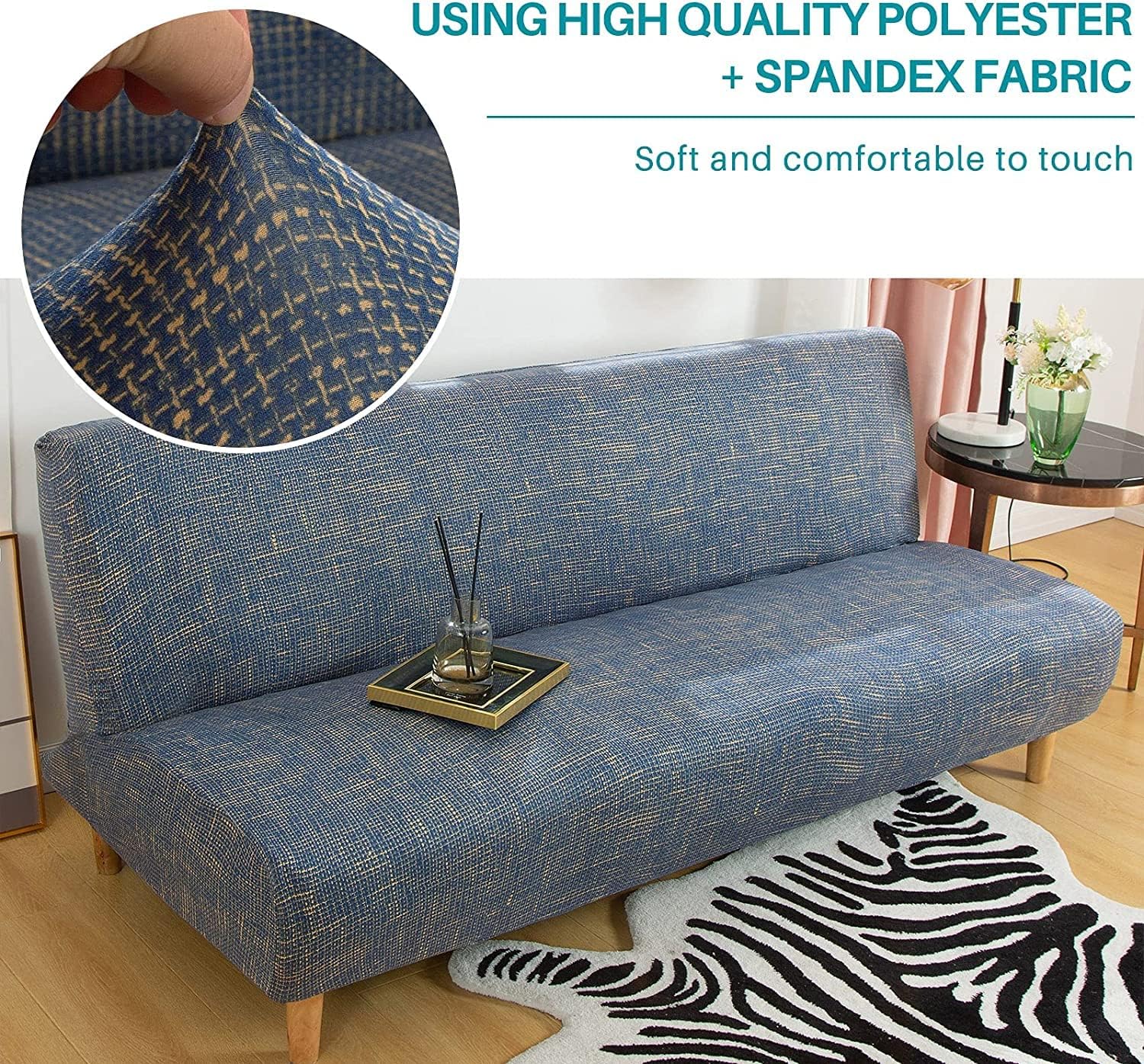ele ELEOPTION Linen Blue Armless Sofa Bed Cover Stretch Slipcover Folding Large Sofa Couch Covers Futon Covers Full Size Printed Furniture Protector Slipcovers