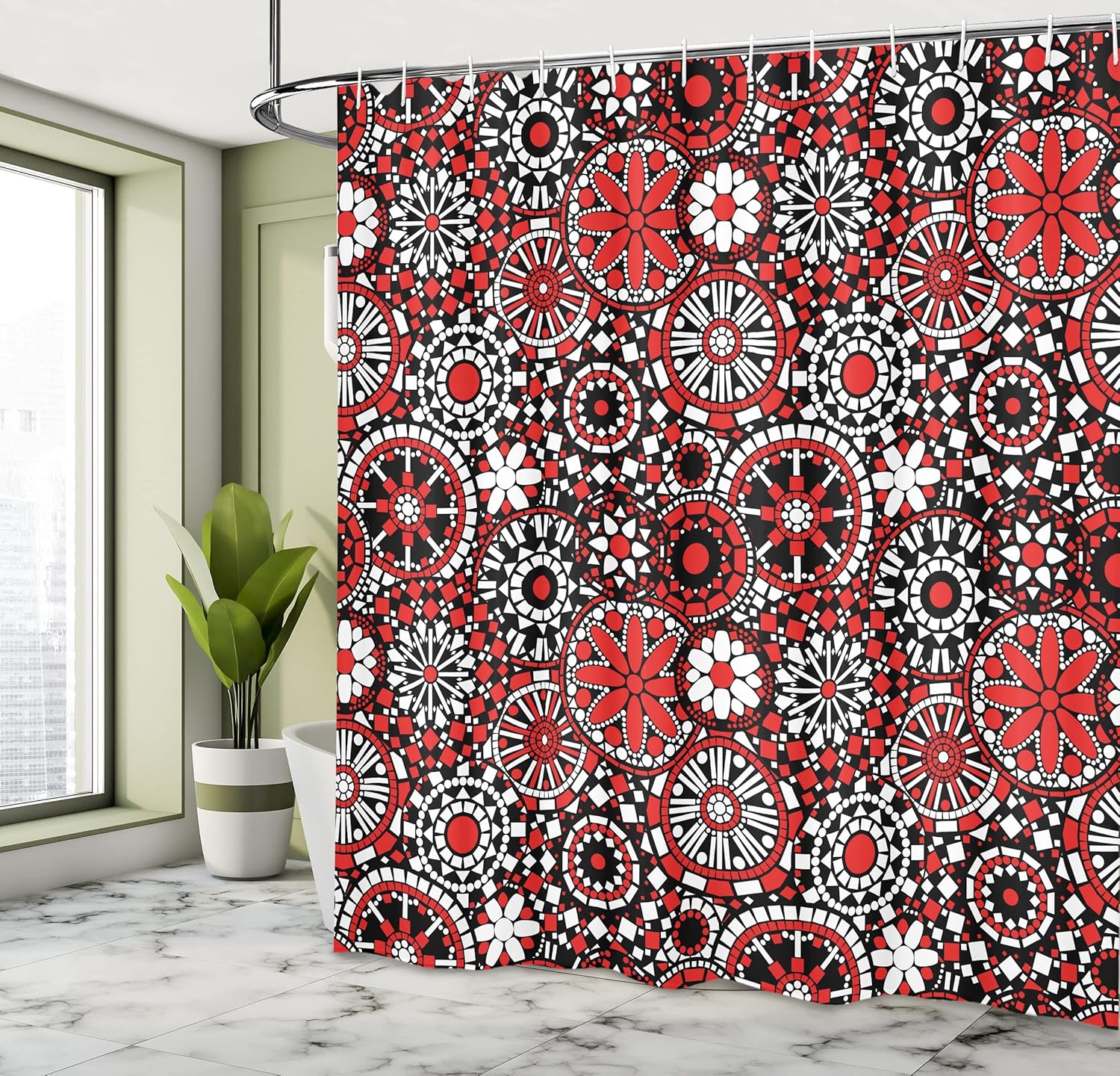 Ambesonne Red Mandala Shower Curtain, Geometric Shapes Forming Flower Mosaic Style Design, Cloth Fabric Bathroom Decor Set with Hooks, 69" W x 84" L, Orange White