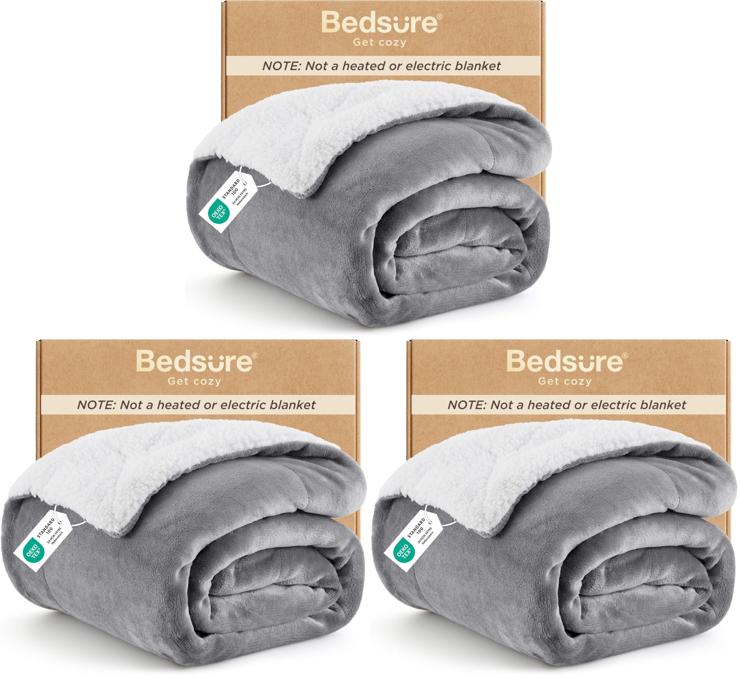 Bedsure GentleSoft Sherpa Fleece Twin Blanket for Couch, Non-Heated, Thick and Warm Throw for Women and Men, Soft Fuzzy Plush Blanket for Winter, Grey, 60x80 Inches (Pack of 3)