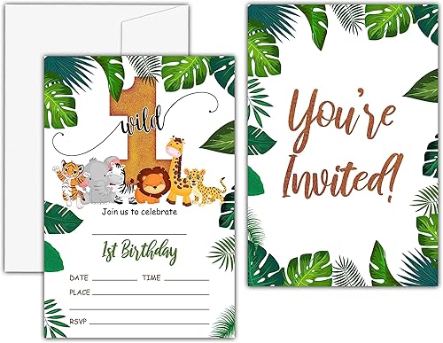 KFNER Wild One Invitaciones de cumpleaños, tarjeta de invitación para fiesta de cumpleaños de animales de safari del primer safari, recuerdos de