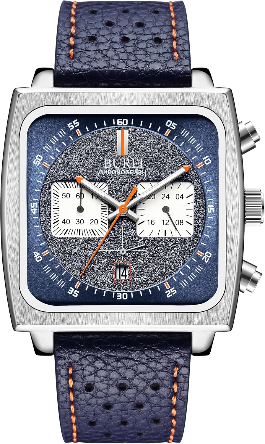 BUREI Men's Watch,Fashionable Square Watch,Chronograph,Waterproof,Luminous,Calendar Multifunction Men's Watch with Leather Strap