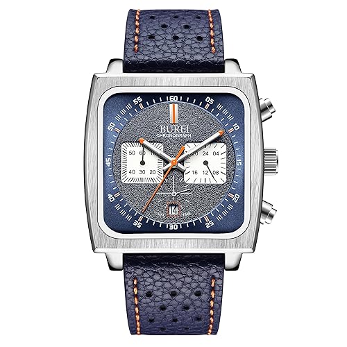 BUREI Men's Watch,Fashionable Square Watch,Chronograph,Waterproof,Luminous,Calendar Multifunction Men's Watch with Leather