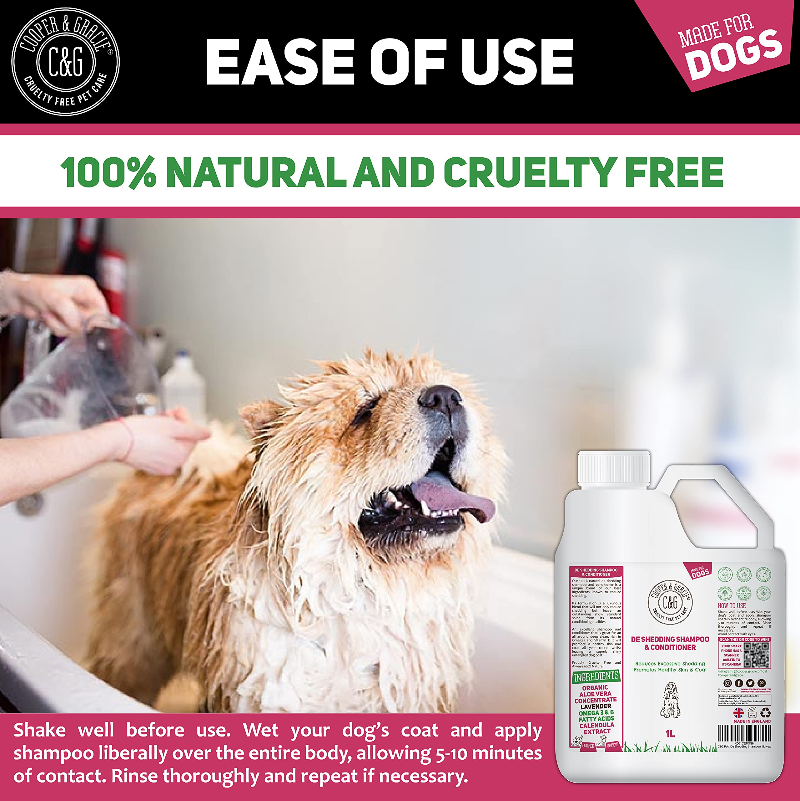 C&G Pets | De Shedding Shampoos & Conditioners für Hunde, 1 Liter, reduziert übermäßiges Ausfallen, fördert gesunde Haut und Fell, 100% natürliches Hundeshampoo und Conditioner, Standard-Glanz, Weiß