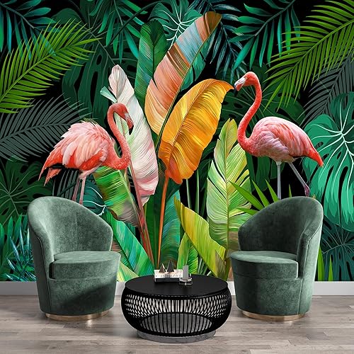 Miniatura 3 de Mural de pared de flamenco tropical, vibrante escena de la selva con pájaros exóticos y hojas exuberantes, sin pegar, ideal para salas de estar,