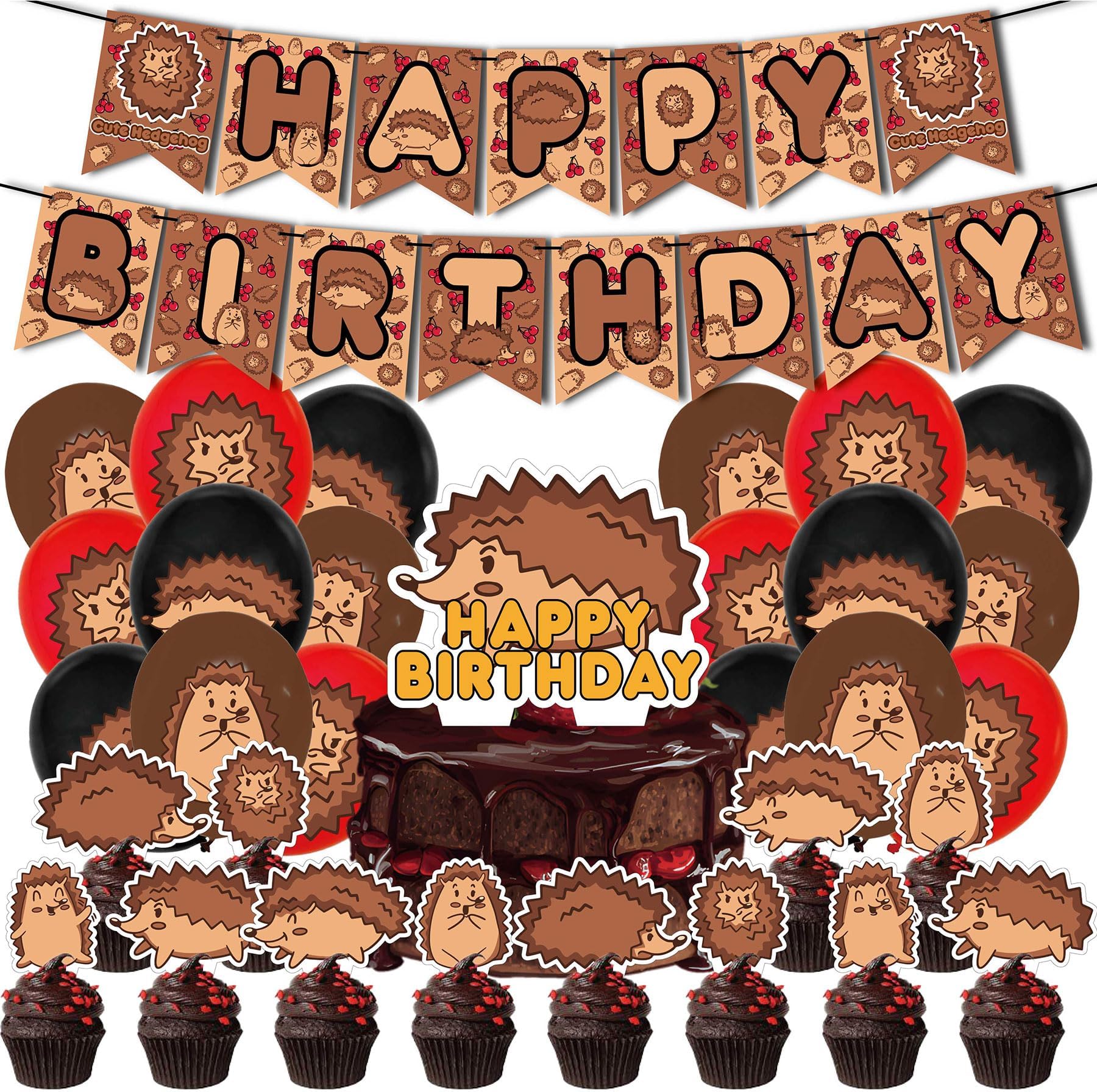 Ylimaf Hedgehog Birthday Party Supplies: Cute Hedgehog Party Decorations Include HAPPY BIRTHDAY Banner, Balloons, Cake Topper, Cupcake Toppers in Brown, White, Red, Blue, Green, Yellow