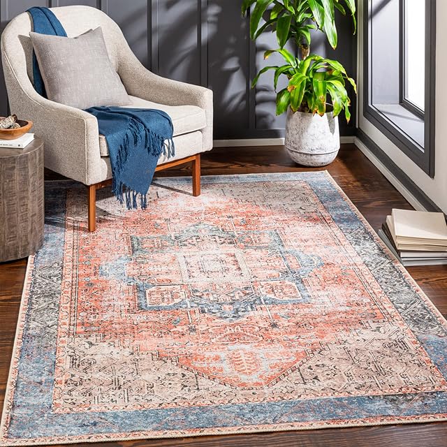 Surya Rodas Machine Washable Rug - Vintage Area Rugs Living Room, Kitchen, Bedroom, Dining, Outdoor - Traditional Oriental Boho Rug Style - Large Rug 200x274cm, Burnt Orange, Brown and Dark Blue Rug