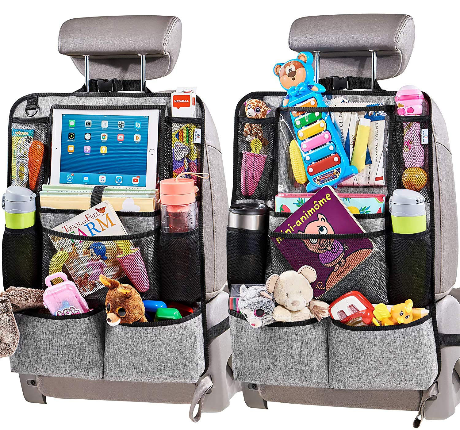 Helteko Backseat Car Organizer, Kick Mats Back Seat Protector with Touch Screen Tablet Holder, Organizer for Kids, Travel Accessories, Mat 9 Storage Pockets 2 Pack