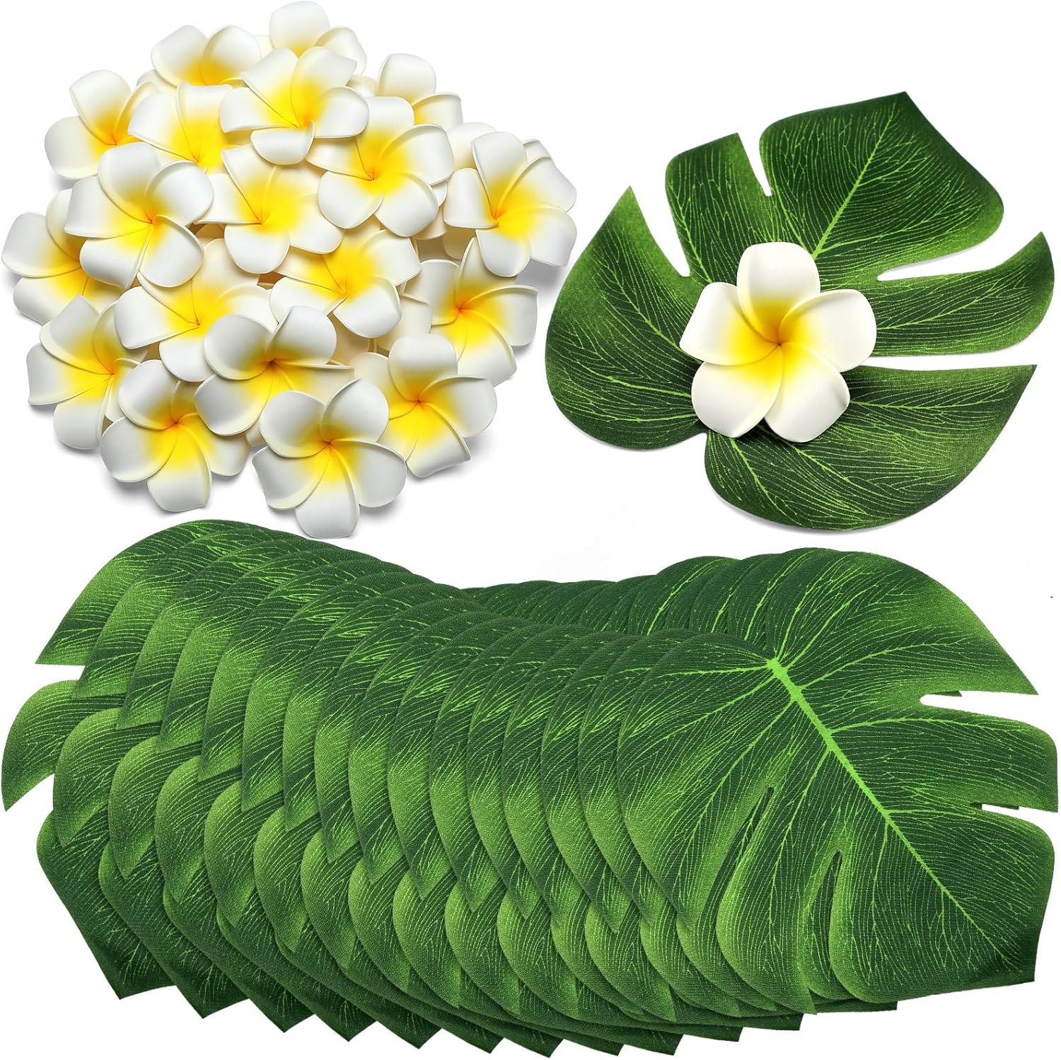 60 Pcs Tropical Party Decor Supplies 30 Pcs 8" Fak Monstera Leaves 30 Pcs 2.75" Artificial Plumeria Flower and Glue for Hawaiian Luau Jungle Beach Theme Table Wedding Party(White)
