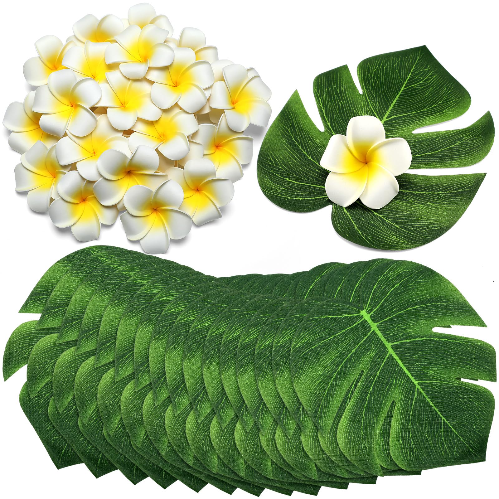 Thiccywoov 60 Pcs Tropical Party Decor Supplies 30 Pcs 8" Fak Monstera Leaves 30 Pcs 2.75" Artificial Plumeria Flower and Glue for Hawaiian Luau