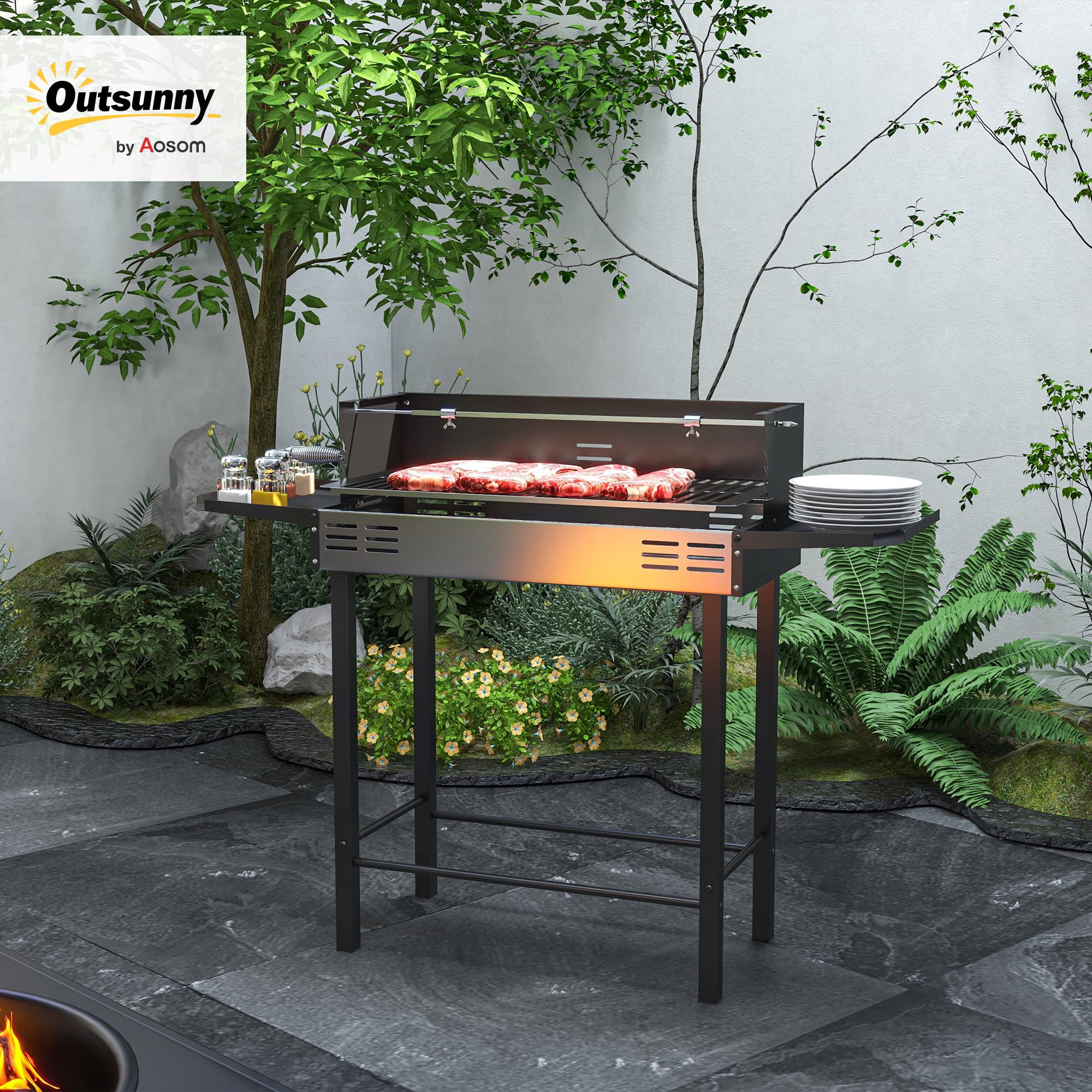 Outsunny Barbacoa de Carbón Barbacoa Portátil 118x32x90 cm Parrilla Negro | Pincho Giratorio, Ajustable en Altura de 3 Posiciones, Estantes Plegables, Paravientos, Picnic Camping Jardín