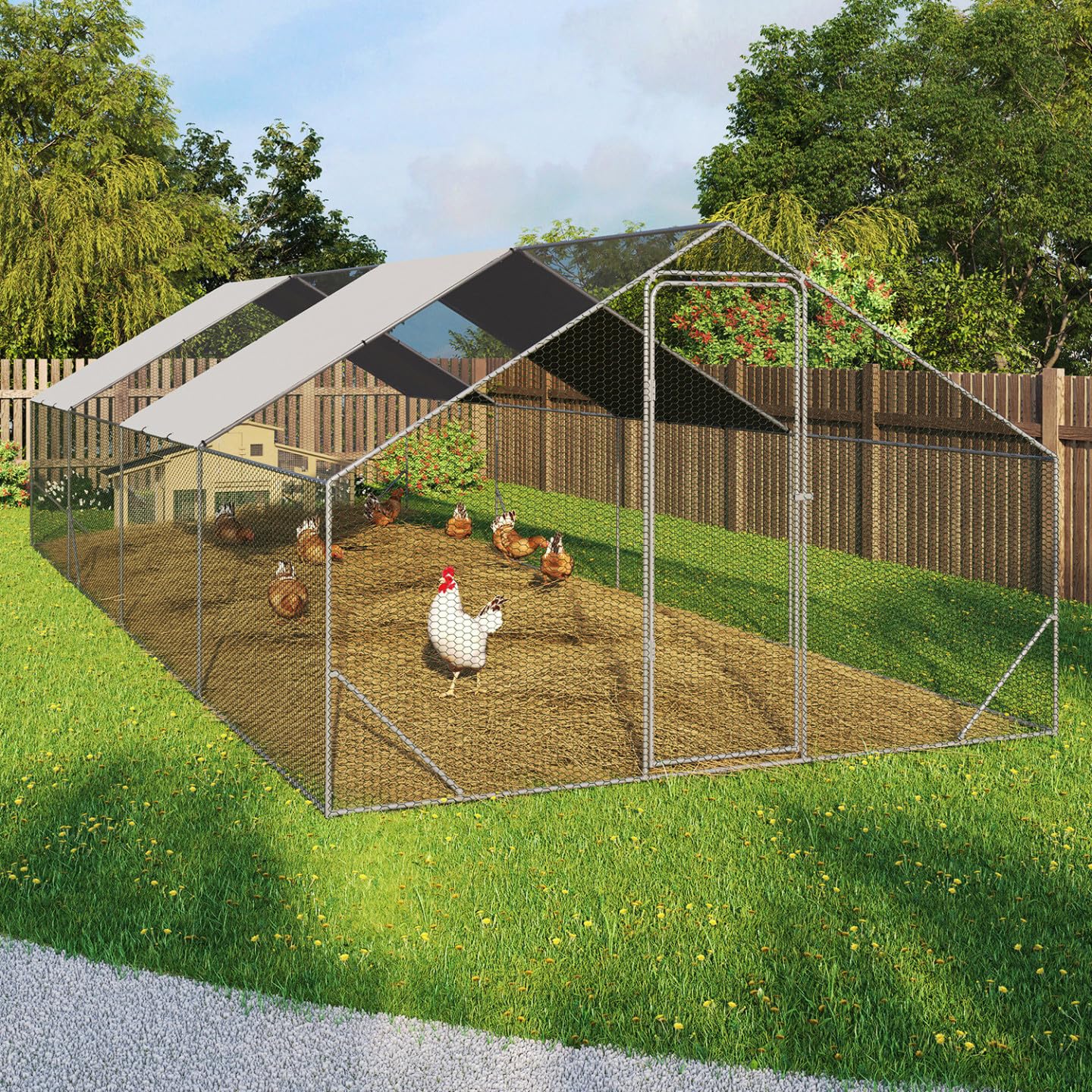 IDMarket - Sécurisé, Imperméable Enclos poulailler 24 m² Parc grillagé 8x3 M Acier galvanisé, pour Chat, vert ou gris