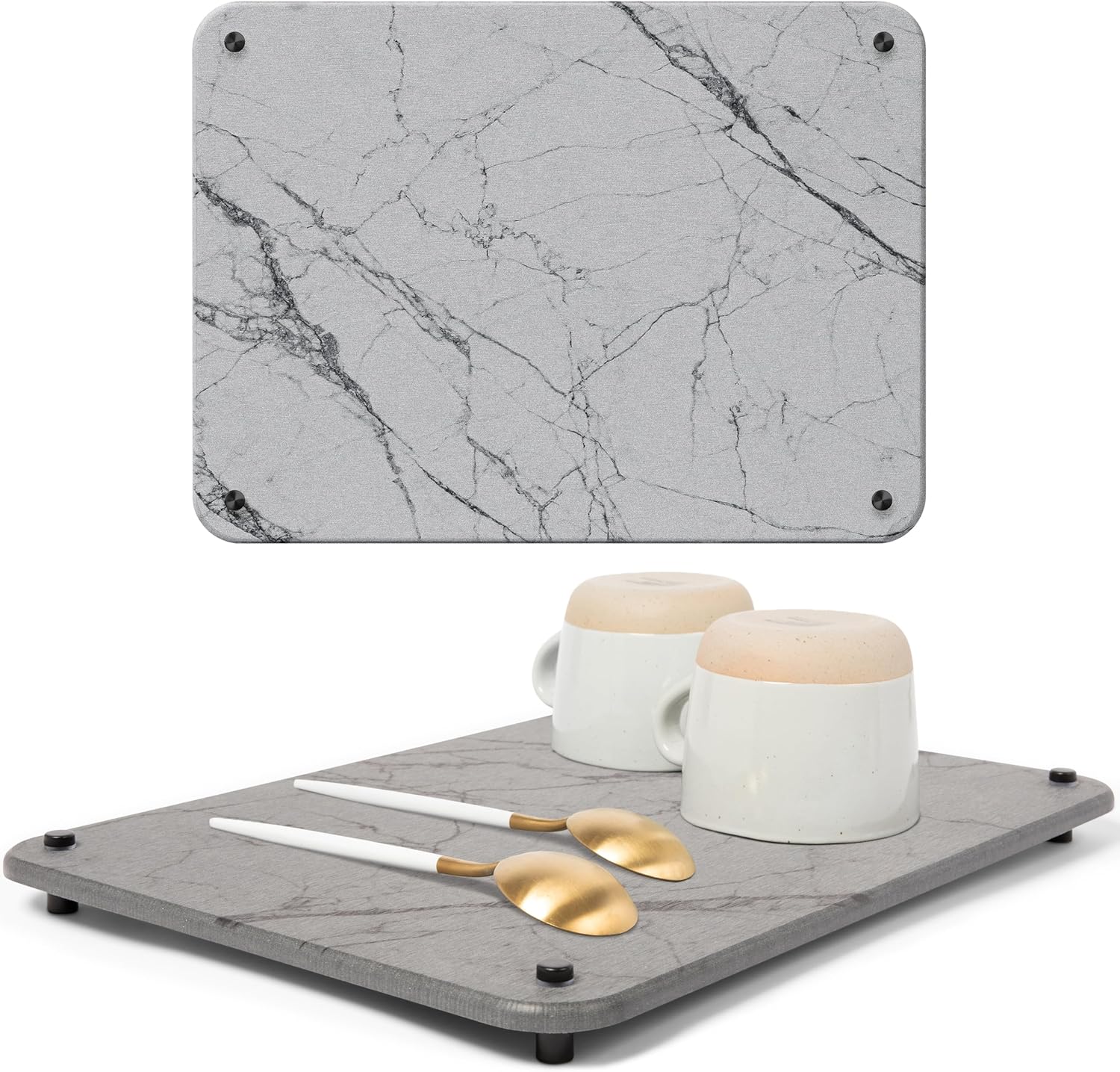 Spaceneat Diatomite Stone Drying Mat for Kitchen Counter - Rapid Moisture Removal - 15.7" x 11.8" Large Dish Drying Stone for Kitchen Sink - Diatomaceous Earth Quick Dry Dish Mat - Gray Marble