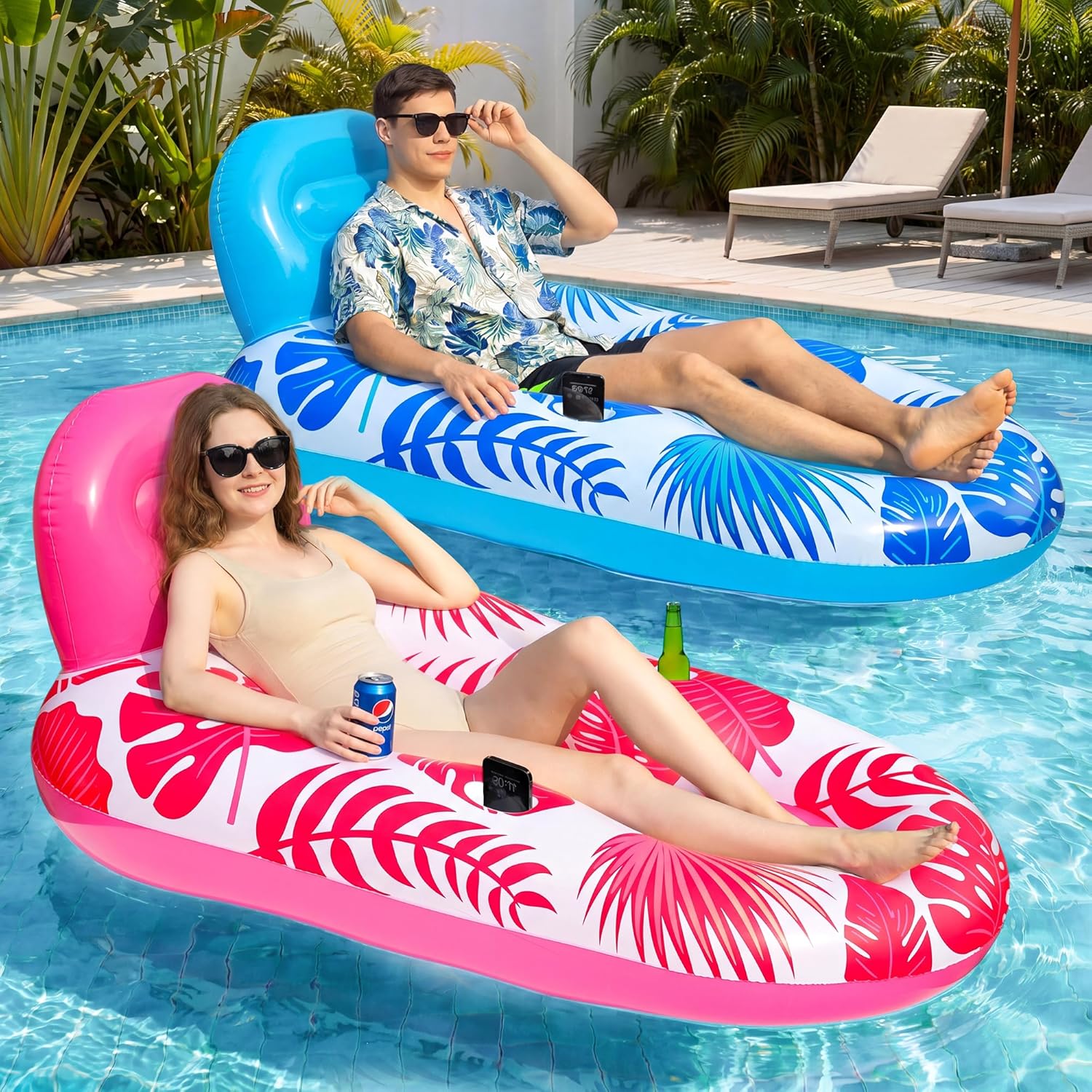 FindUWill 2 Pack Pool Floats for Adults, Inflatable Pool Lounge Chair Floaties with Cup Holder, Heavy Duty Water Floating Rafts Swimming Toys for Summer Party Travel
