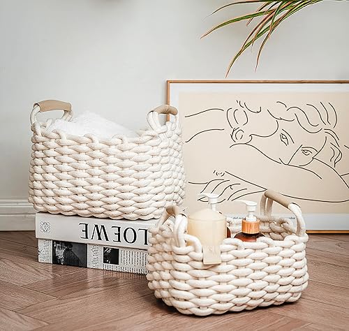 Paquete de 2 cestas plegables de cuerda de algodón, cubos de almacenamiento tejidos a mano para joyas, control remoto, frutas, bonita cesta de tela