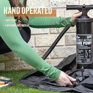 Milestone Camping XL Hand Operated Air Pump, Double Action - Inflate Twice as Fast, Air Beds, Mattresses, Paddling Pools, Paddle Boards, Includes 3 Nozzle Sizes, Lightweight & Portable for Easy Travel