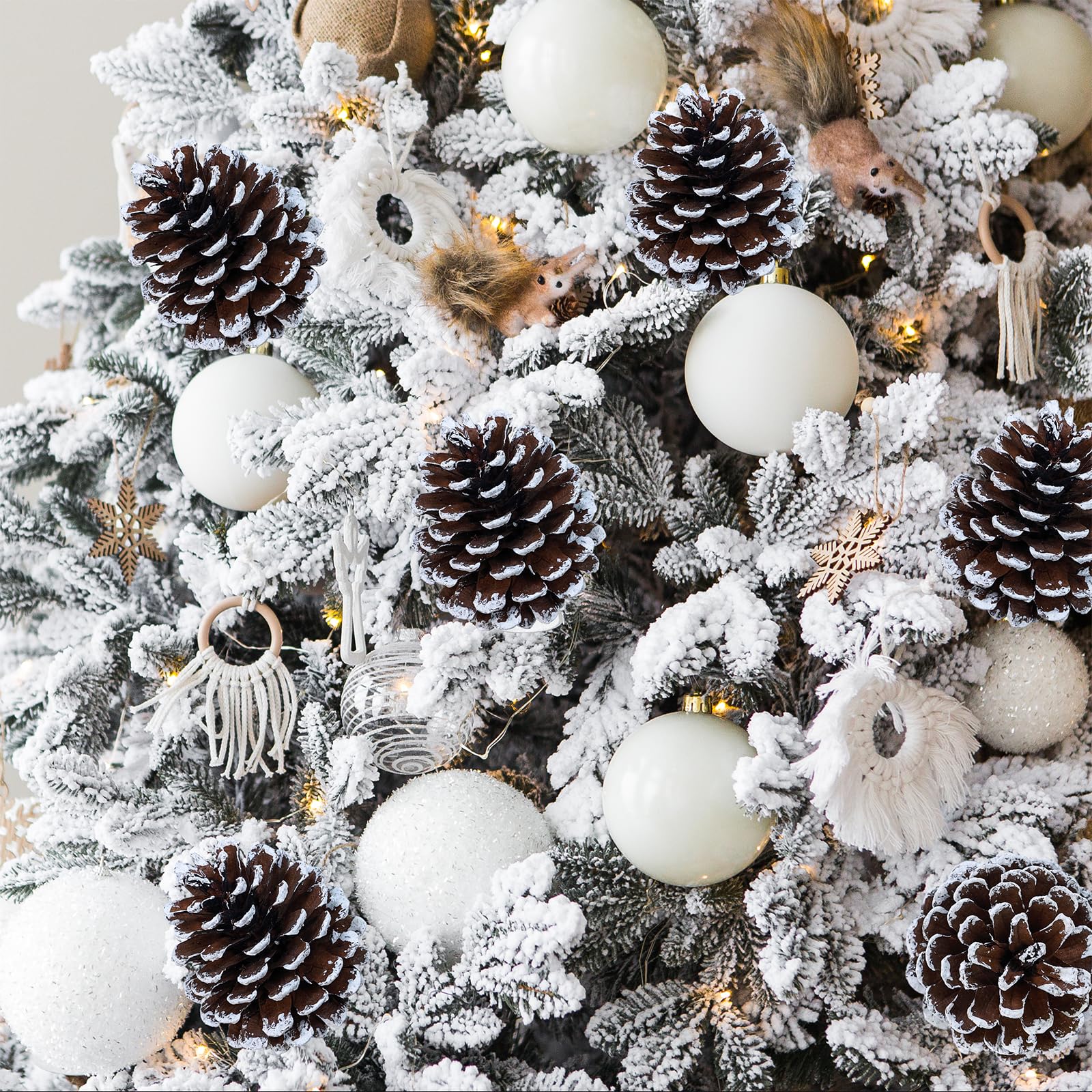 Winlyn 20 púas de piña naturales esmeriladas, adornos de piña con punta blanca con tallos con alambre de 6.9 pulgadas de alto para árbol de Navidad, arreglos florales, manualidades, corona, decoración