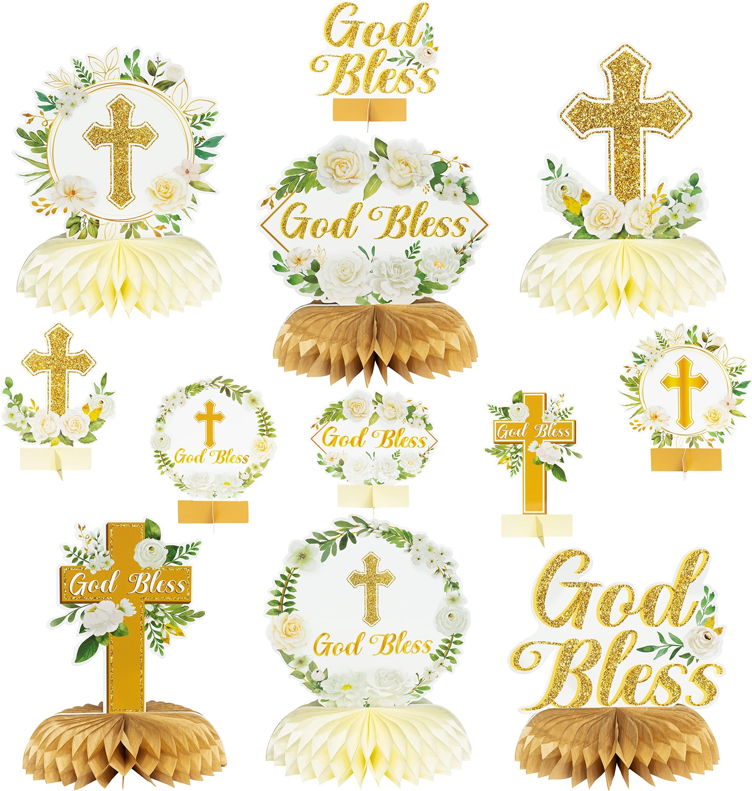 12Pcs White Gold Floral God Bless Honeycomb Centerpieces