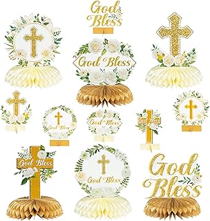 ANGOLIO White Gold Floral Honeycomb Centerpieces - 12Pcs Rose Greenery God Baptism Honeycomb Centerpieces Baby Shower Decor for Boy Girl Party Decor 3D Table Toppers God Bless First Communion Birthday