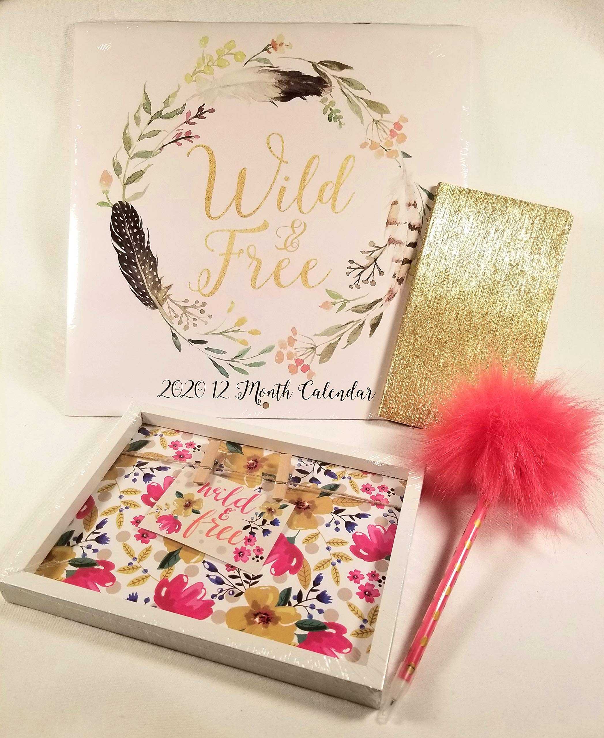 'Wild & Free' 2020 12 Month Motivational Wall Calendar Bundle - 'Wild & Free' Wall/Desk Art, Notebook, Pom Pom Pen, 2020 Wall Calender - 4 Items