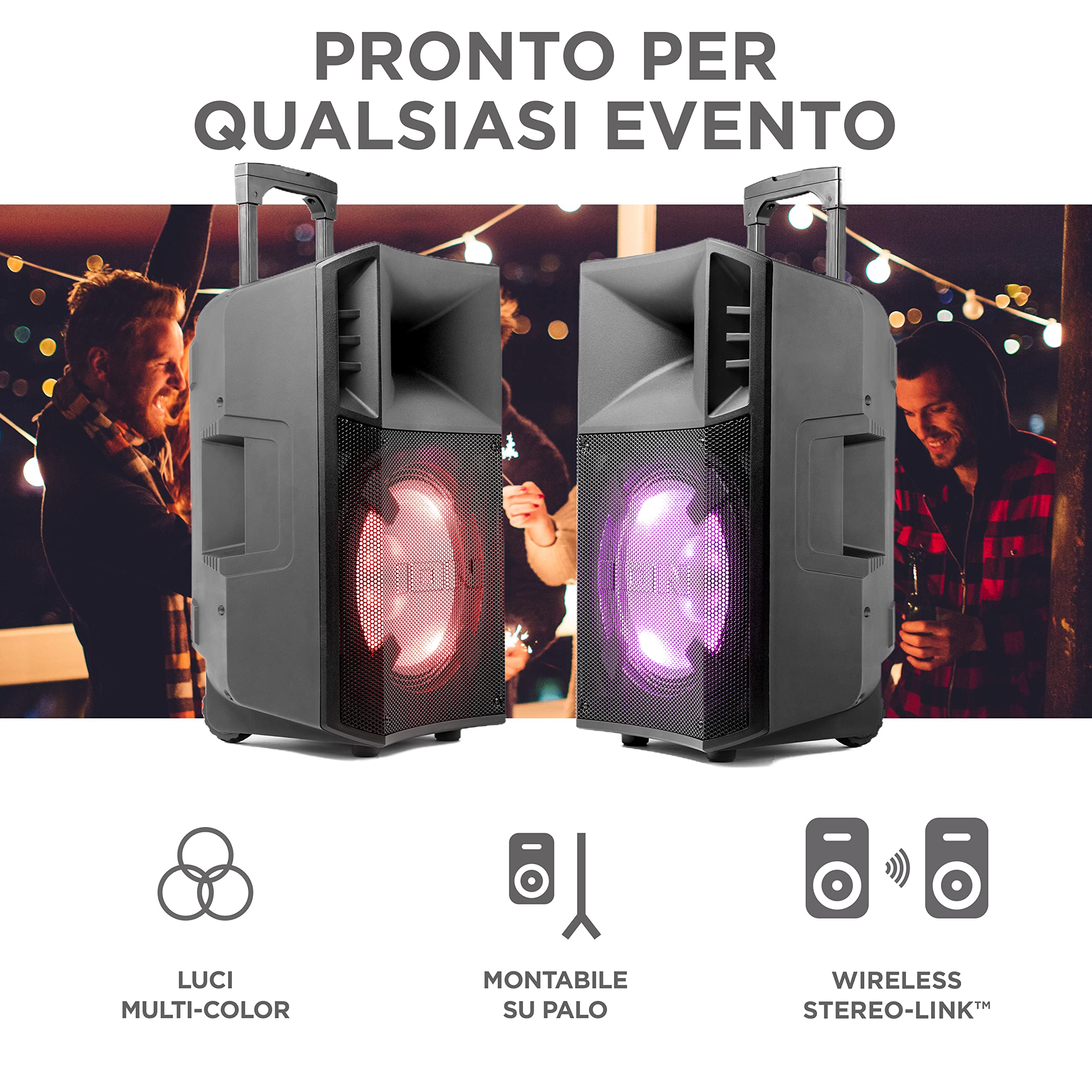 ION Audio Power Glow - Cassa Bluetooth Amplificata Potente da 300 Watt con Мicrofono Karaoke, Luci, Mixer Audio Multicanale e Batteria Ricaricabile, Nero