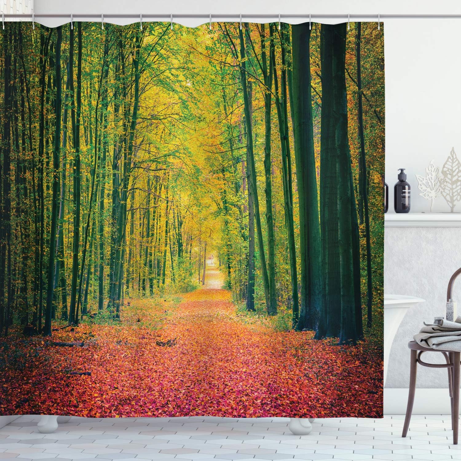 Ambesonne Forest Shower Curtain, Pathway in Autumn Dramatic Road to Infinity Toned Warm Fall Colors Rural Scenery Print, Cloth Fabric Bathroom Decor Set with Hooks, 69" W x 75" L, Green