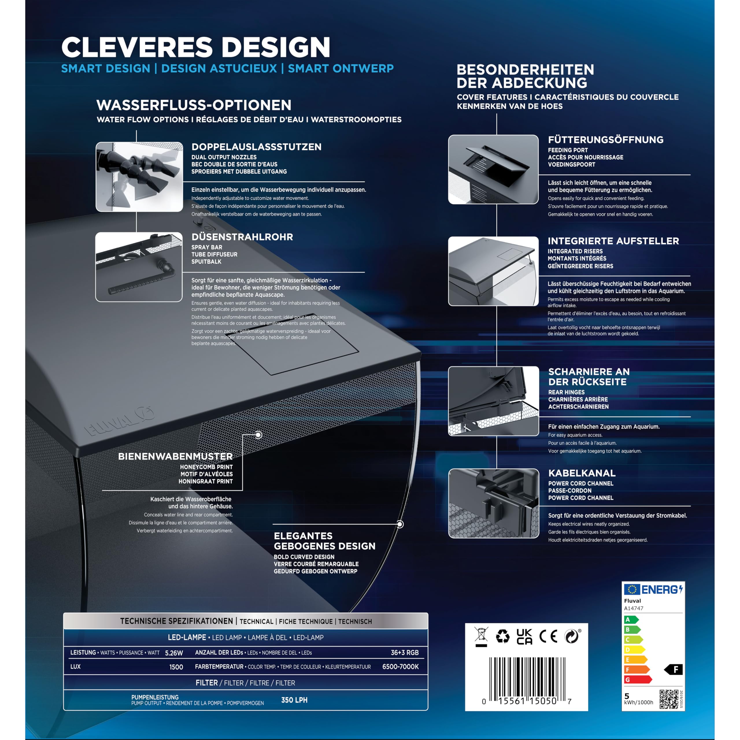 Fluval Flex 2.0 Aquarium Set 34 L, Nano Aquarium Komplettset mit geschwungener Frontscheibe, LED Beleuchtung mit Fernbedienung, integriertes 3-Stufen-Filtersystem, Fütterungsklappe und Düsenstrahlrohr
