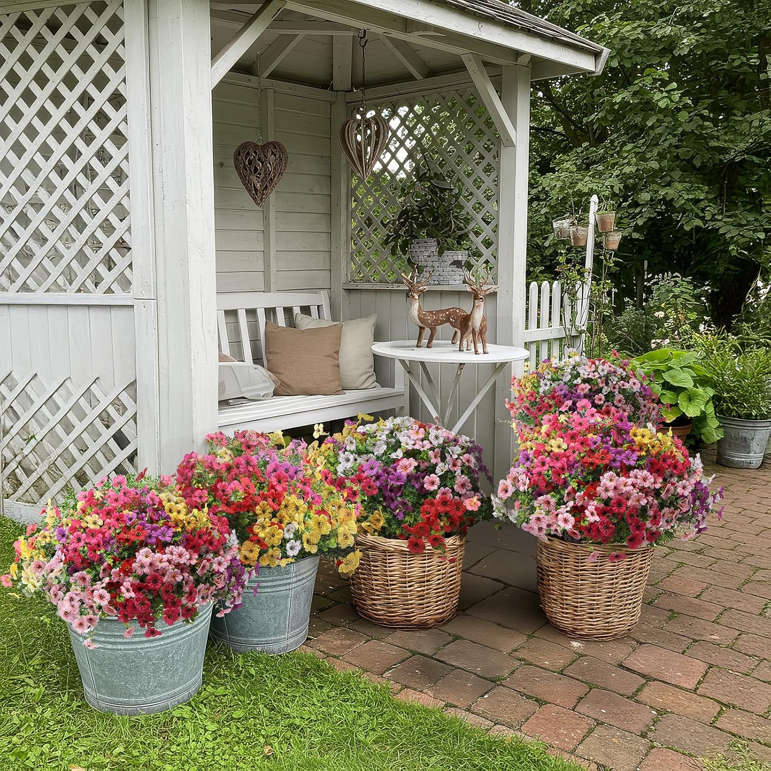 Artificial Flowers for Outdoors 24 Bundles, UV Resistant Colorful Fake Silk Flower Outdoor Planter Garden Decor Indoor Decorations