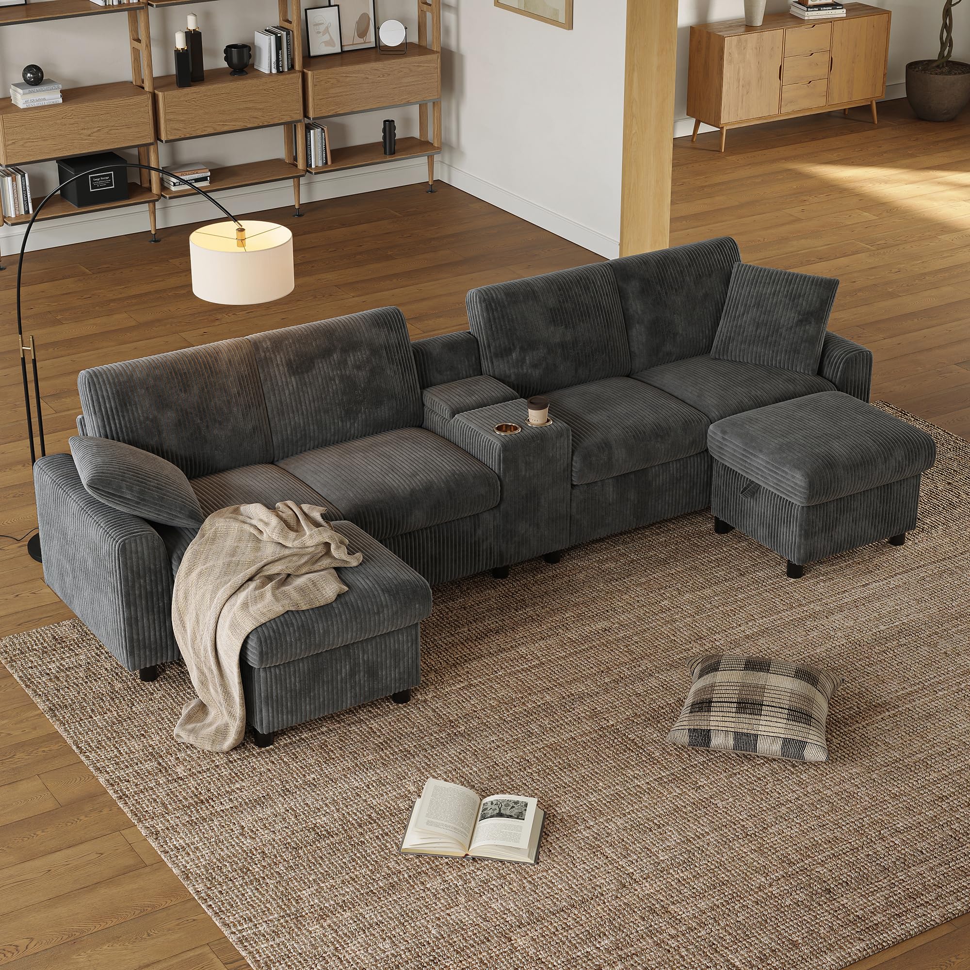 LAKFEW Sofa de 4 Plazas en U con USB C y 2 Reposapiés de Almacenaje, Sofas de Salon 4 Plazas con 2 Portavasos y 2 Cojines, Sofa Modular Rinconera, Couch, Pana, 315x135x81 cm, Gris